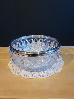 Vintage Pressed Glass Bowl Silver Rim Diamond Faceted 8 x 3.5" Heavy